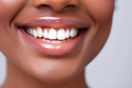 Close up shot of a black woman smiling with perfect white teeth
