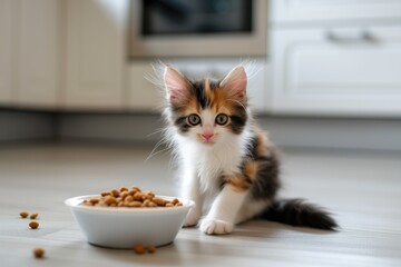 Cute fluffy calico kitten is sitting on the floor near the bowl of dry kibble cat food