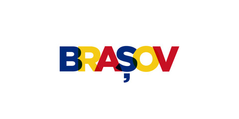 Brasov in the Romania emblem. The design features a geometric style, vector illustration with bold typography in a modern font. The graphic slogan lettering.