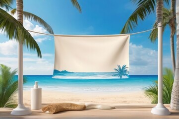 blank cloth  hanging at beach with palm trees