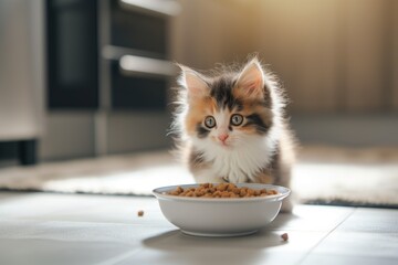 Cute fluffy calico kitten is sitting on the floor near the bowl of dry kibble cat food