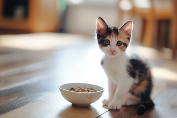 Cute fluffy calico kitten is sitting on the floor near the bowl of dry kibble cat food - obrazy, fototapety, plakaty