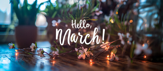spring banner with inscription hello march with flowers, beginning of spring