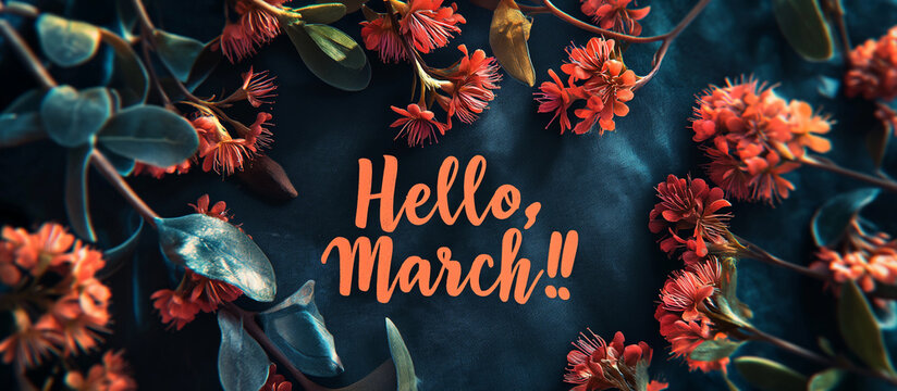 spring banner with inscription hello march with flowers, beginning of spring