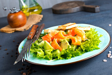 salad with fresh salmon, cucumber and olive oil