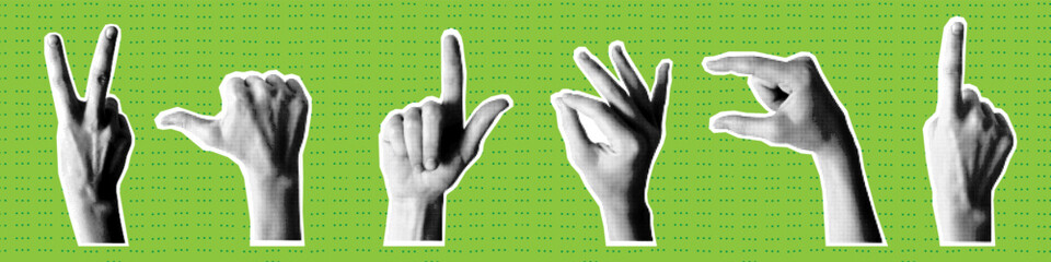 Retro hands. Pop art graphic. Comic sticker. Doodle signs collage. Fun rock star. Grunge thumb. Abstract halftone newspaper effect. Human arm gestures. Pointing finger. Vector vintage elements set