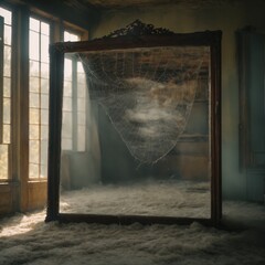a mirror with a web in an abandoned building