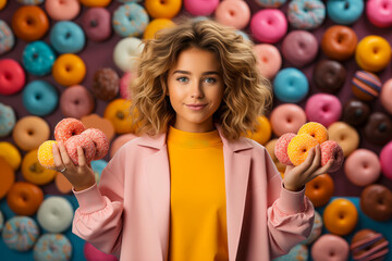 Fototapeta na wymiar A young woman in a pink coat with donuts.