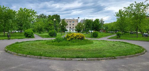 Smooth green grass, neatly trimmed lawn. View of the manicured lawn