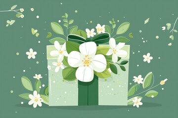 Spring gift box with white flowers and green ribbon
