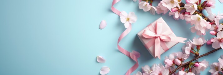 Spring pastel colors banner on blue gift box with flowers