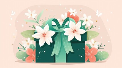 Spring gift box with white flowers and green ribbon
