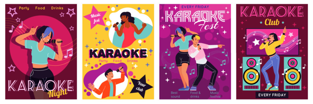 Singers party invitation. Karaoke club. Music festival. Happy people singing with microphone. Disco nightclub. Songs concert. Talent show. Vocal performance. Musical event. Vector posters design set