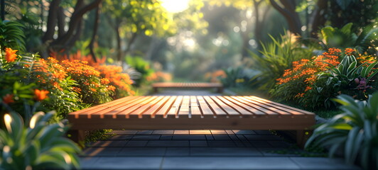 Wooden bench under the sun in the spring garden. - Powered by Adobe