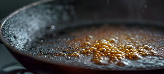 Close shot of boiling caramel on a frying pan