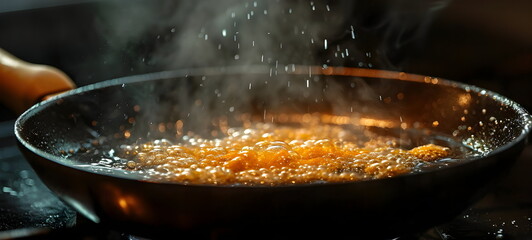 Close shot of boiling caramel on a frying pan
