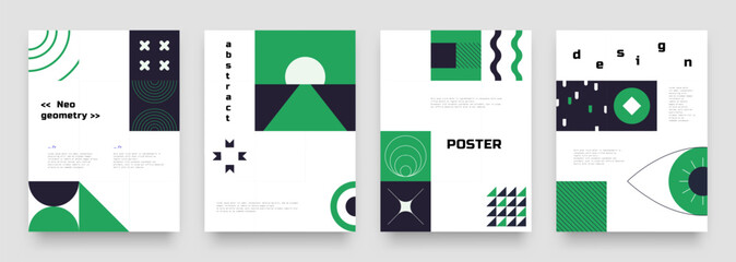 Geometric posters. Abstract color cards. Minimal figures collage. Green squares. Eye and cubes. Bauhaus shapes. Modern composition. Geometry flat elements. Triangle forms. Vector banners design set