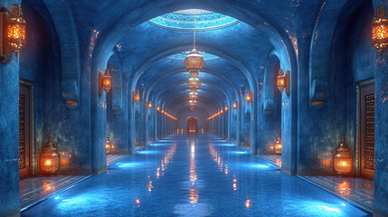 Obraz premium A Tranquil Hallway Bathed in Serene Blue Hues Illuminated Background