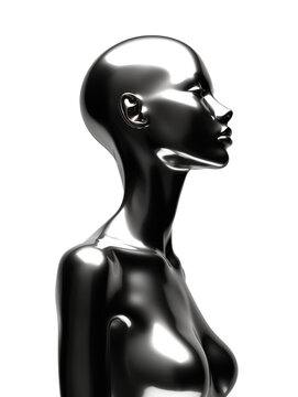 Futuristic metallic woman mannequin isolated. Shiny gloss chrome metal human sculpture. Y2K music poster