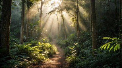 Obraz premium Sunlight filtering through trees on a misty path in the woods, creating a serene landscape with greenery. Generative ai