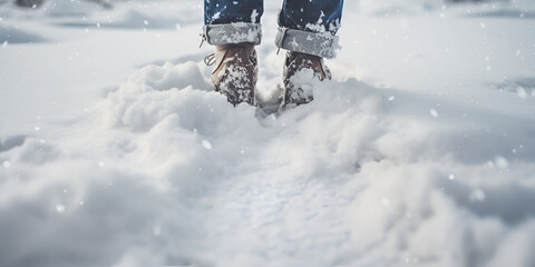 Winter boots in a snowdrift. stock photo