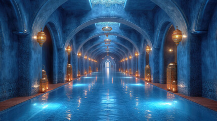 A Tranquil Hallway Bathed in Serene Blue Hues Illuminated Background