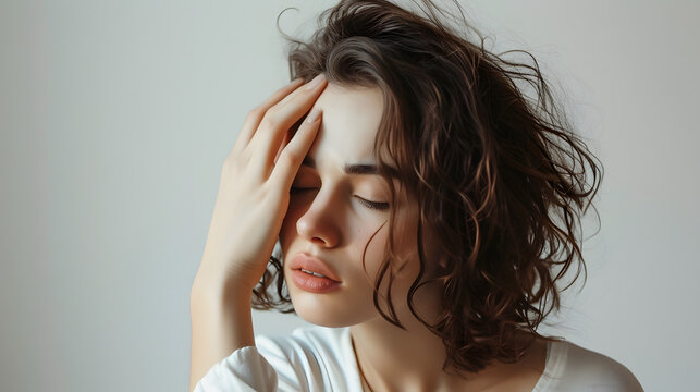 Beauty young woman clutching holding his head in worry with white studio background, worried stress headache depression concept