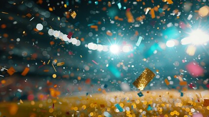 Shiny confetti falls on the stadium, the opening of sports games or the festive finale - obrazy, fototapety, plakaty