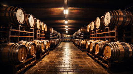 Rows of wine barrels in wine-vaults in order. Cellar with French barrique wine casks. Generative AI