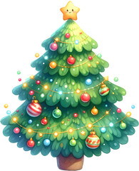 Christmas tree with ornaments. Illustration cartoon style.