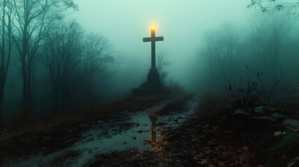 Naklejka premium Cross on the path. Cross with a warm light in a cold, foggy morning.