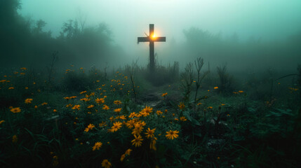 Cross with a light in the meadow with yellow flowers in a dark, foggy morning.