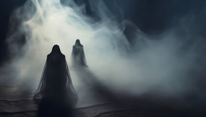 Silhouette of ghosts,spirits on a dark background. And his shadow in smoke.death day concept, copy space.