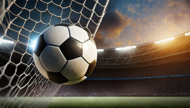 The soccer ball is about to enter the goal net.Side view.close up photo, sports concept,sport.Copy space.