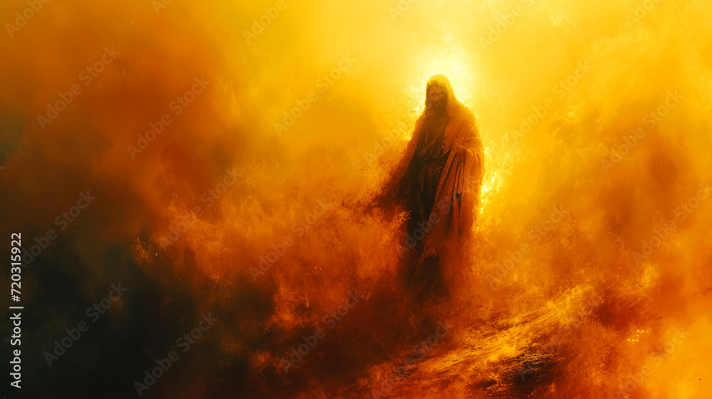 Wall mural Silhouette of Jesus Christ on the background of yellow smoke.