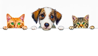 A cute drawn cats and dog puppy peeking out from behind a white blank banner. on white background, copy space.Mockup,advertisement.