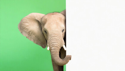 A cute elephant peeking out from behind a white blank,mockup,banner. on green background.copy space.