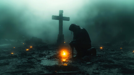 Cross in the light with a man kneeling in front of it. Dark, foggy landscape.  - obrazy, fototapety, plakaty