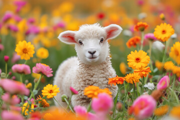 Cute lamb in a field of daisies on a sunny day