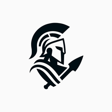 flat logo vector Spartan with sword and shield, black color on white background.