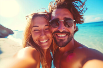  Smiling couple taking selfie with smartphone on beach summer. Holidays, vacation, travel and people concept. - Powered by Adobe