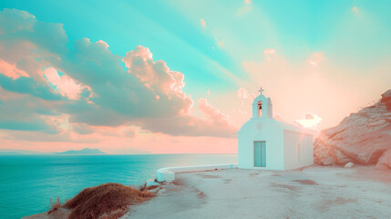 White church with beautiful seascape at sunset