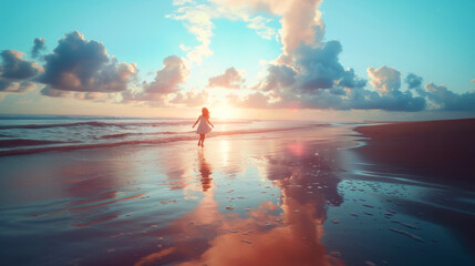 Silhouette of a woman on the beach staring at the dreamy colorful sky. - obrazy, fototapety, plakaty