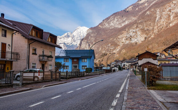 Houses in the historic hill village of Timau in Udine Province, Friuli-Venezia Giulia, North East Italy. Part of Paluzza municipality, it is a German linguistic enclave in Val But in the Carnia alps