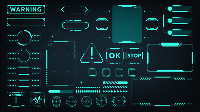 UI digital. Futuristic technology game, graphic bar button cyber elements, Fi HUD Sci box frame interface, tech abstract arrow board circle. Blue glowing elements. Vector cyberpunk style template
