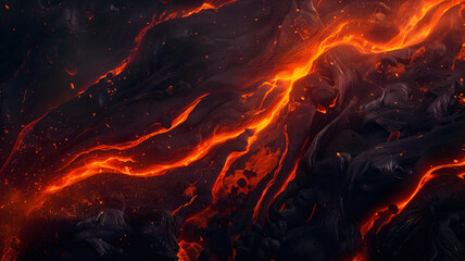 Red lava flows break from the surface after a volcanic eruption. fire abstract background. - obrazy, fototapety, plakaty