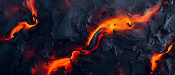 Red lava flows break from the surface after a volcanic eruption. fire abstract background.