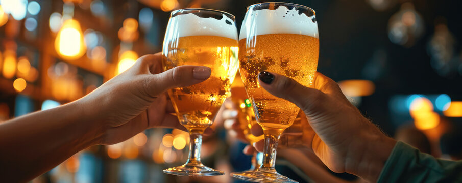 Hands of friends clinking glasses with beer in pub or bar