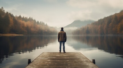 Caucasian man standing on wooden dock over lake 