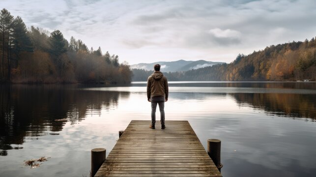 Caucasian man standing on wooden dock over lake 